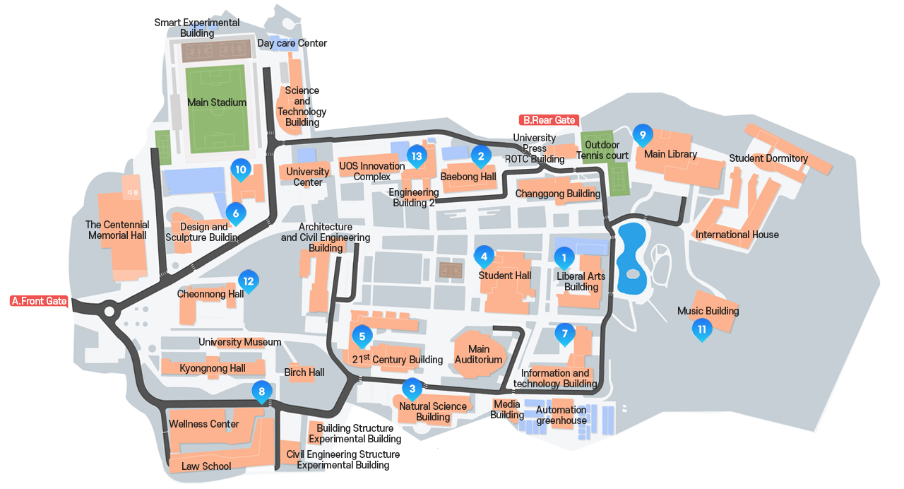 서울시립대학교 흡연구역 안내 1.전농관 3.건설공학관 5.인문대학 8.자연과학관 12.학생회관 13.학군단 15.21세기관 16.조형관 19.정보기술관 20.법학관 21.중앙도서관 33.미래관 35.음악관 37.100주년기념관